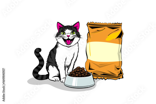 Cheerful cat eagerly awaiting mealtime, perfect for pet lovers and designers. Bright pop art style halftone background