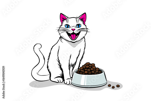 Cheerful white cat eagerly awaiting mealtime, perfect for pet lovers and designers. Bright pop art style isolated on white.