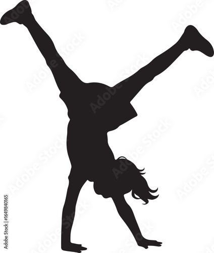 Black silhouette of a girl doing a cartwheel on a white background child young