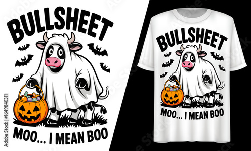 Bulsheet Moo... I Mean Boo,Halloween Cow, T-Shirt Design.