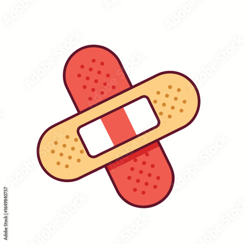 "Vector Crossed Bandage Icon – Red and Beige Adhesive Strips with Perforated Texture and Central Pad – Flat Design Symbolizing First Aid, Wound Care, and Medical Treatment – Ideal for Healthcare Apps,