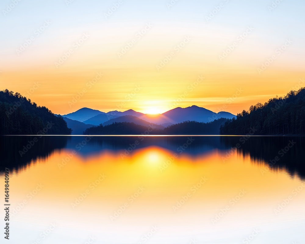 Fototapeta premium Serene sunrise over a tranquil lake, with mountains reflected in the still water