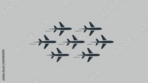 Seven airplanes flying in formation against a light gray background in a simple vector illustration
