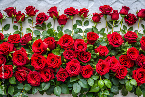 A lush border of vibrant red roses with green leaves, showcasing their intricate petals and natural beauty in a detailed floral arrangement