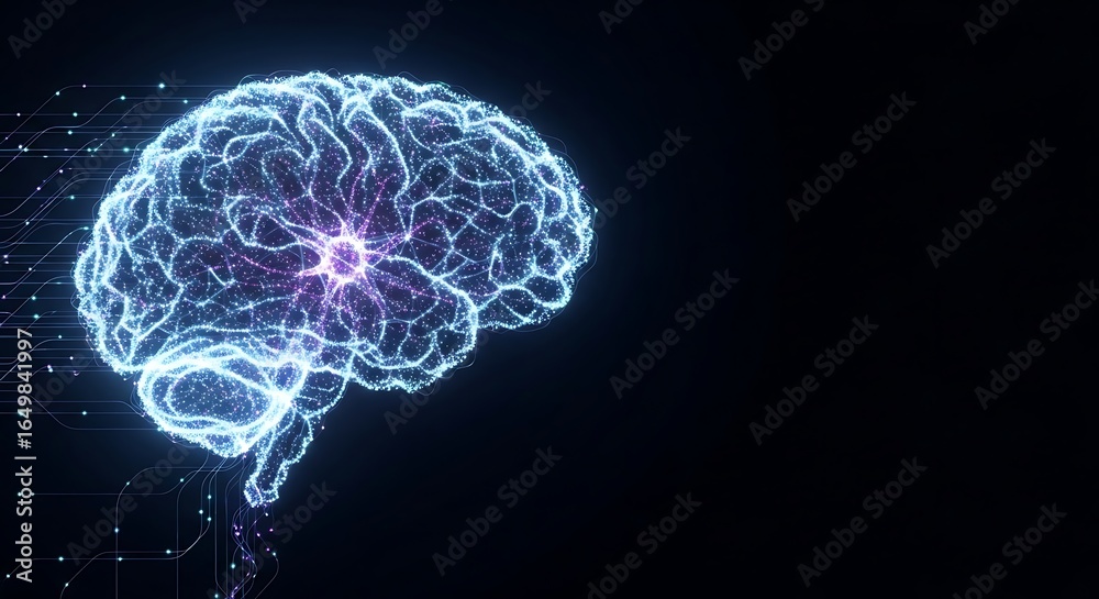 Obraz premium Human brain network glowing with neurons, representing artificial intelligence concept copy space image. 