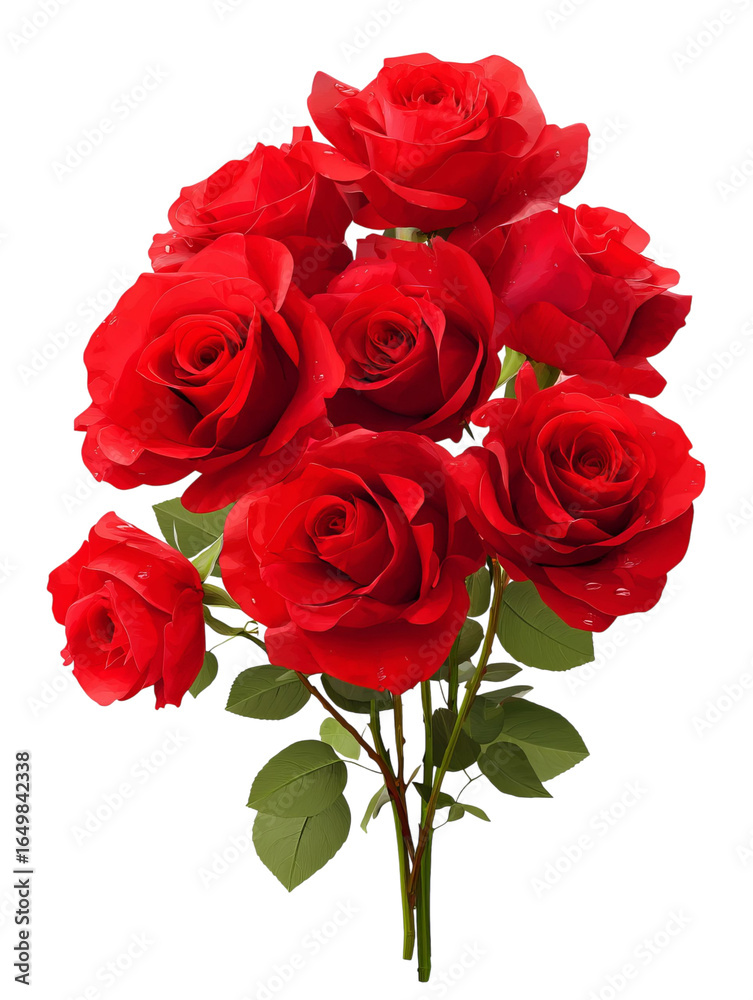 Obraz premium PNG of A lush bouquet of vibrant red roses with delicate droplets on the petals, symbolizing love and passion.