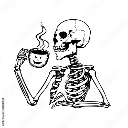 Skeleton Enjoying a Steaming Halloween Mug, Halloween illustration
