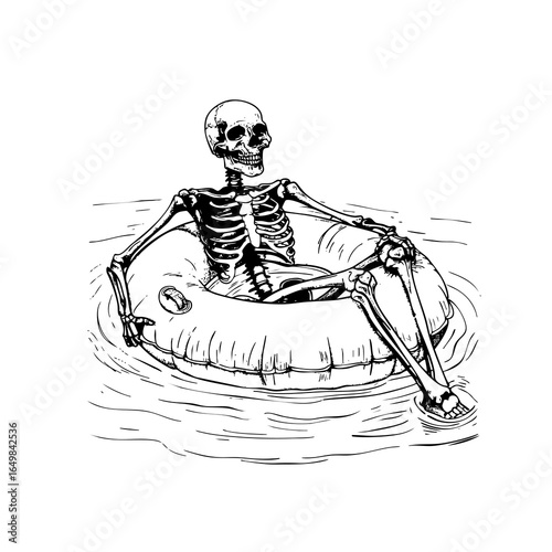 Skeleton Relaxing on Inflatable Ring, Halloween illustration