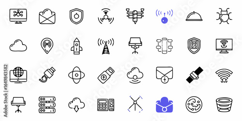 Illustration showing various network and technology icons including security and communication tools design