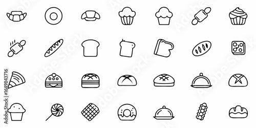 Collection of bakery goods including croissants muffins bread rolls and other sweet and savory treats