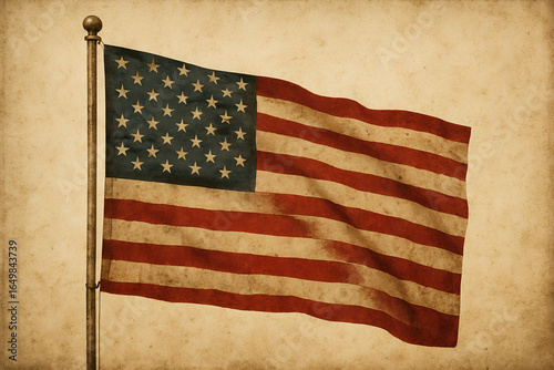 A vintage american flag waving on a pole against a textured beige background