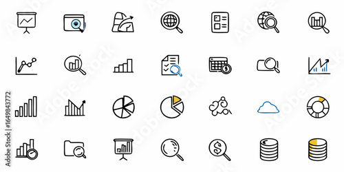 Presentation of data analysis and business statistics in the form of graphs and charts icons set