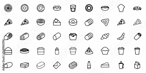 Collection of various food and drink icons including pizza donuts and coffee in a simple black outline