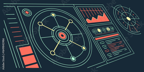 Illustration of a futuristic control panel with various displays and graphical user interface elements