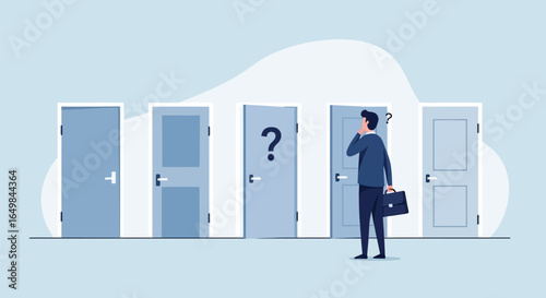 Man Facing Multiple Doors with a Question Mark Door