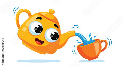 Happy Teapot Pouring Water into a Cup with a Cheerful Expression