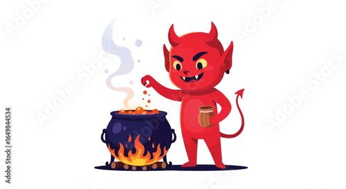 Cartoon Devil Stirring a Cauldron with Fire and Magic