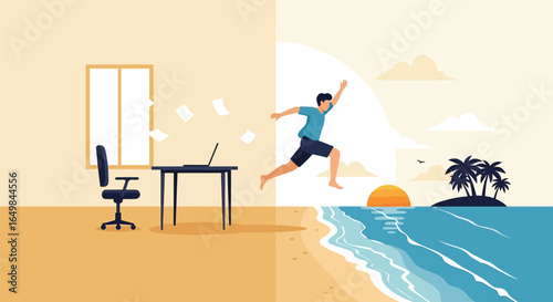Man Escaping Office for a Beach Vacation