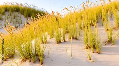 breathtaking sight of dunes adorned with vibrant beach grass, symbolizing steadfastness these plants bestow upon shifting sandy terrains and harmonious equilibrium they epitomize
