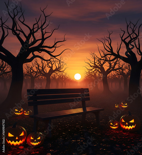 night view of pumpkin and halloween scene in forest