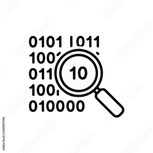 Digital data analysis with magnifying glass revealing binary code for technology and business intelligence insights