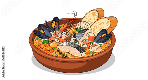 Delicious Seafood Stew Soup with Crusty Bread Isolated on Transparent Background Food Photography