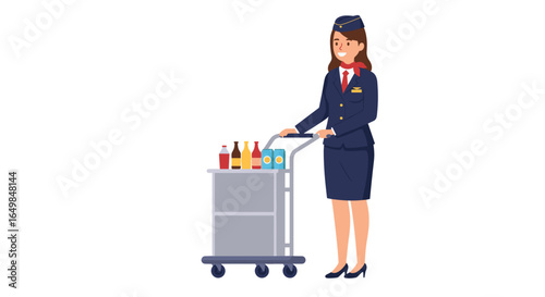 Friendly Flight Attendant Serving Snacks and Drinks from a Catering Cart isolated on transparent background