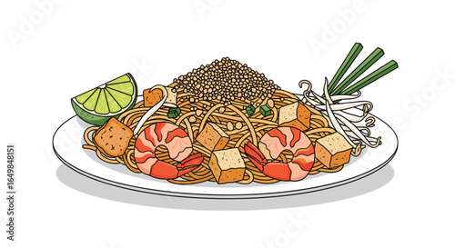 Delicious Pad Thai Noodles with Shrimp Tofu and Lime Isolated on Transparent Background