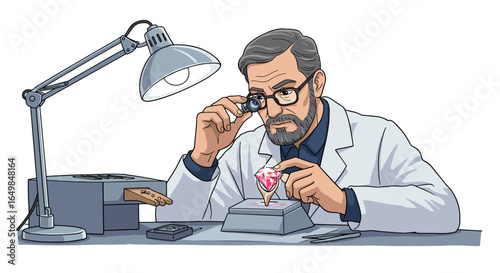 Expert Jeweler Inspecting Precious Gemstone Under Magnifying Loupe Isolated on Transparent Background