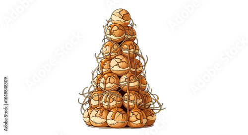 Decadent Croquembouche Festive Dessert Tower Drizzled with Caramel Isolated on Transparent Background