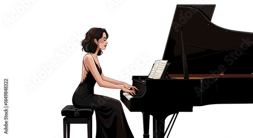 Elegant Woman in Black Gown Playing Grand Piano Musical Performance Skill Isolated on Transparent Background