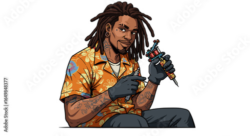 Skilled Tattoo Artist with Dreadlocks Holds Tattoo Machine Ready to Work Isolated on Transparent Background
