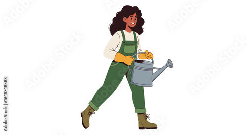 Joyful Woman Gardener Carries Watering Can Preparing Plants Isolated on Transparent Background