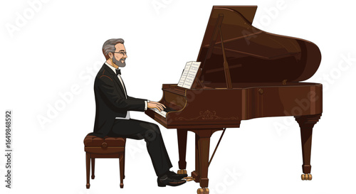 Elegant Elderly Man Playing Grand Piano Music Performance Isolated on Transparent Background