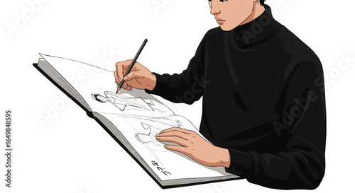 Young Artist Skillfully Draws Creative Sketchbook Page Isolated on Transparent Background