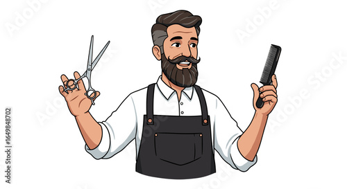 Joyful Bearded Barber Character Holding Scissors and Comb Isolated on Transparent Background