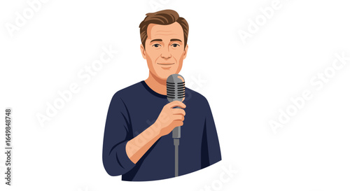 Enthusiastic Male Presenter Speaking Into Vintage Microphone Isolated on Transparent Background Energetic Host