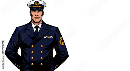 Professional male ship captain in elegant uniform looking confident isolated on transparent background