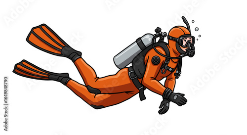 Professional scuba diver in orange suit exploring underwater with buoyancy control device isolated on transparent background