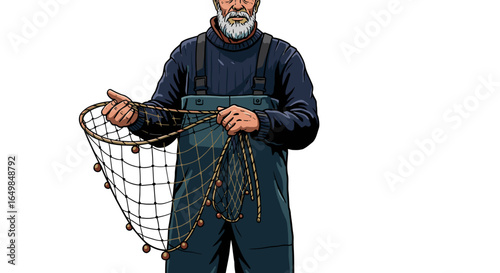 Weathered Fisherman Holding His Net Ready for Catch Isolated on Transparent Background