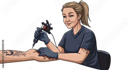Skilled Female Tattoo Artist Carefully Creating Detailed Body Art with Professional Tattoo Machine Isolated on Transparent Background
