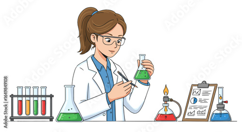 Young Woman Scientist Conducting Chemistry Experiment Holding Green Liquid in Flask Isolated on Transparent Background