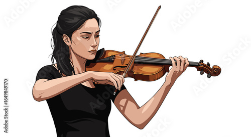 Beautiful Woman Playing Violin Emotionally Isolated on Transparent Background Elegant Musical Performance