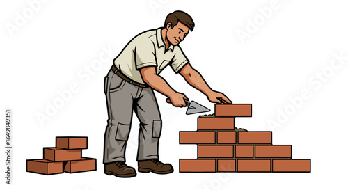 Skilled Construction Worker Carefully Laying Bricks Building Wall Isolated on Transparent Background with Professionalism