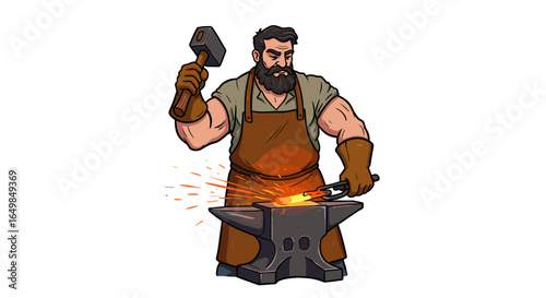Skilled Blacksmith Forging Hot Metal with Hammer on Anvil Sparks Flying Isolated on Transparent Background