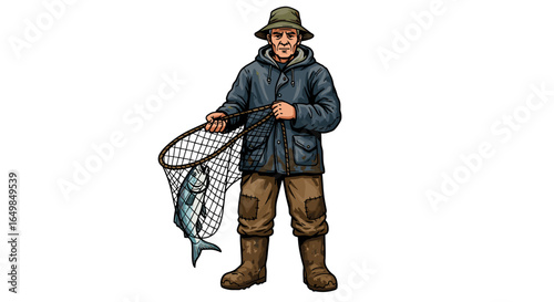 Experienced Fisherman Holding Freshly Caught Tuna Isolated on Transparent Background