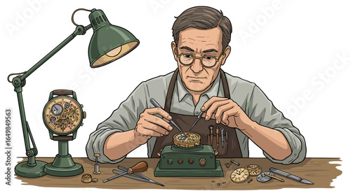 Skilled Watchmaker Meticulously Repairs Vintage Timepiece Focusing on Tiny Components Isolated on Transparent Background