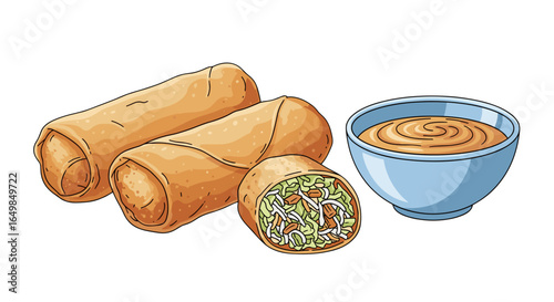 Crispy Golden Egg Rolls with Savory Dipping Sauce Isolated on Transparent Background Delicious Appetizer