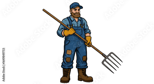 Hardworking Farmer Holding Pitchfork Ready for Harvest Season with Determination