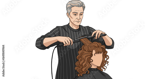 Skilled Hairstylist Straightening Curly Hair with Flat Iron Isolated on Transparent Background